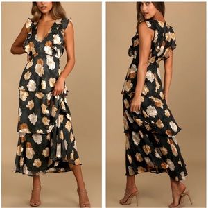 Lulus No Introductions Needed Black Burnout Floral Tiered Maxi Dress